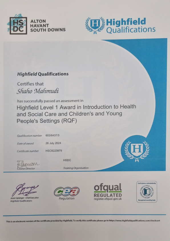 Highfield Level 1 Award in Introduction to Health and Social Care certificate for Shaho Mahmudi