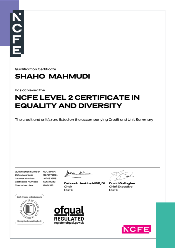 NCFE Level 2 Certificate in Equality and Diversity awarded to Shaho Mahmudi
